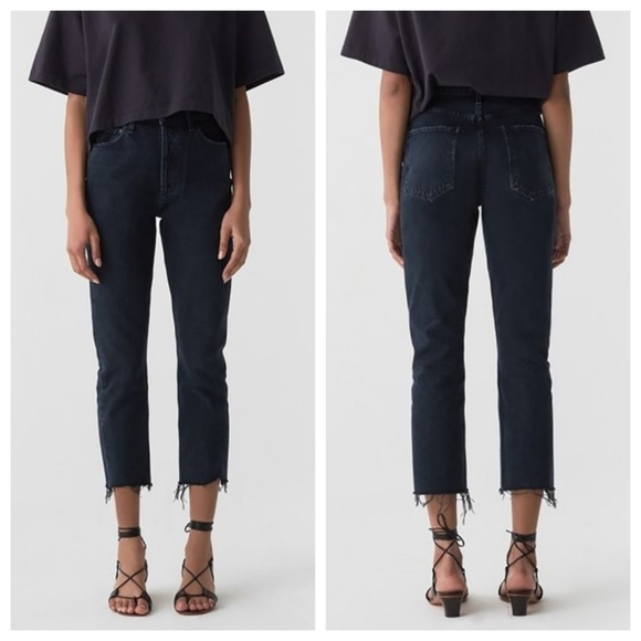 AGOLDE Riley Jeans High Rise Straight Raw Hem Parish Black 25  Aritzia - Picture 1 of 14